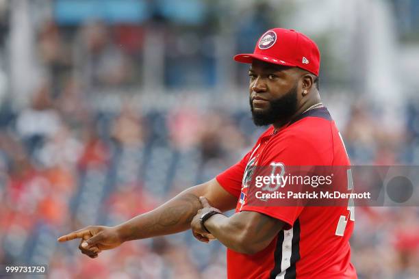 Manager David Ortiz of the World Team looks on against the U.S. Team during the SiriusXM All-Star Futures Game at Nationals Park on July 15, 2018 in...