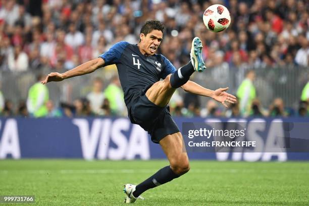 France's defender Raphael Varane controls the ball during the Russia 2018 World Cup final football match between France and Croatia at the Luzhniki...