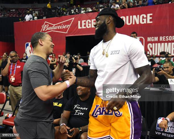 Head coach Tyronn Lue of the Cleveland Cavaliers greets LeBron James of the Los Angeles Lakers after a quarterfinal game of the 2018 NBA Summer...