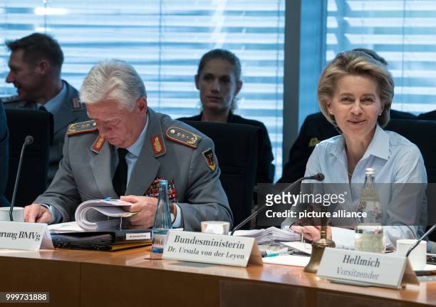 Minister of defence Ursula von der Leyen sits next to general inspector of the German Military, Volker Wieker, during a special meeting of the...