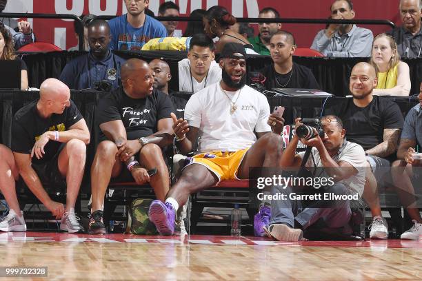 LeBron James of the Los Angeles Lakers looks on during the game against the Detroit Pistons during the 2018 Las Vegas Summer League on July 15, 2018...