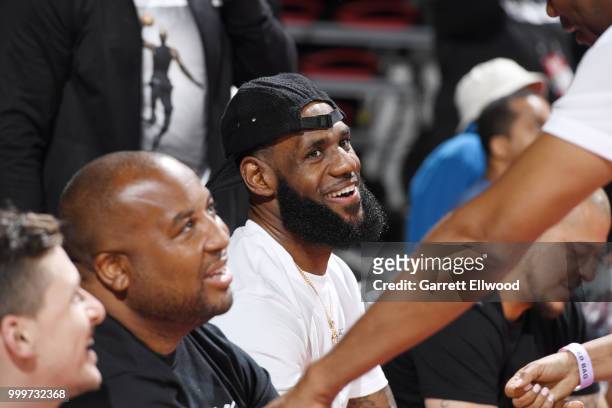 LeBron James of the Los Angeles Lakers looks on during the game against the Detroit Pistons during the 2018 Las Vegas Summer League on July 15, 2018...