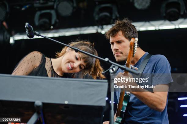Josephine Vander Gucht and Anthony West of Oh Wonder perform on Day 3 of Forecastle Music Festival on July 15, 2018 in Louisville, Kentucky.