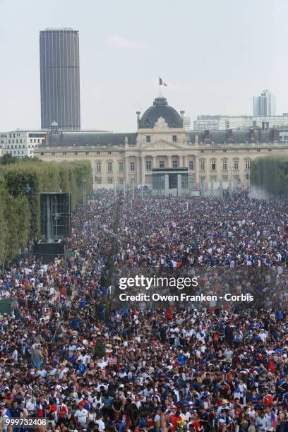 View of the massive number of French fans watching the World Cup final against Croatia, on July 15, 2018 in the Champs de Mars, near the Eiffel Tower...