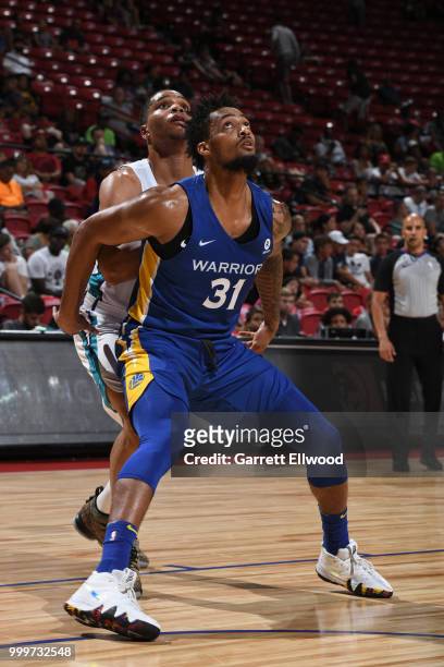Tokoto of the Golden State Warriors plays defense against Miles Bridges of the Charlotte Hornets during the 2018 Las Vegas Summer League on July 11,...