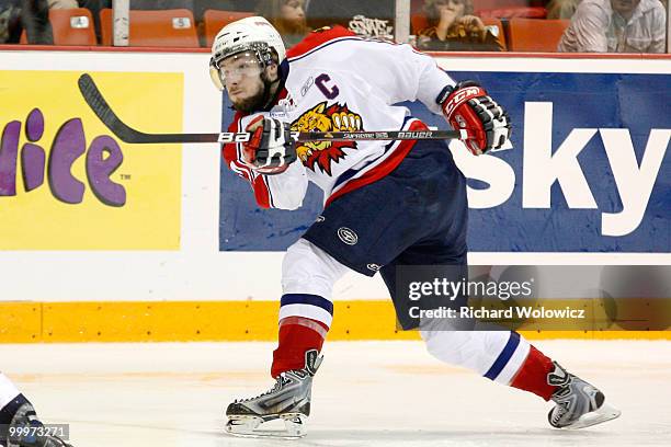 Scott Brannon of the Moncton Wildcats shoots the puck to score the tying goal against the Windsor Spitfires during the 2010 Mastercard Memorial Cup...