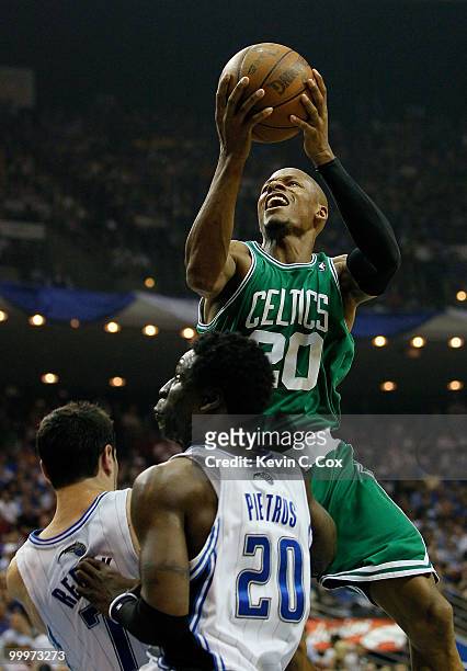 Ray Allen of the Boston Celtics drives for a shot attempt against the Orlando Magic in Game Two of the Eastern Conference Finals during the 2010 NBA...