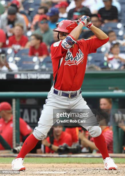Andres Gimenez of the New York Mets and the World Team bats in the sixth inning against the U.S. Team during the SiriusXM All-Star Futures Game at...