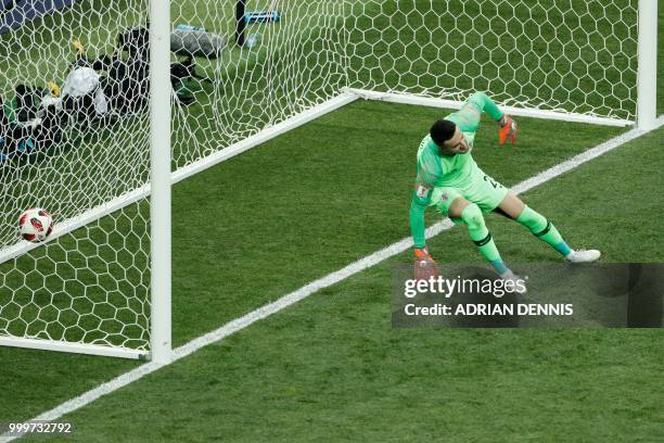 Croatia's goalkeeper Danijel Subasic fails in stoping France's midfielder Paul Pogba's goal during the Russia 2018 World Cup final football match...