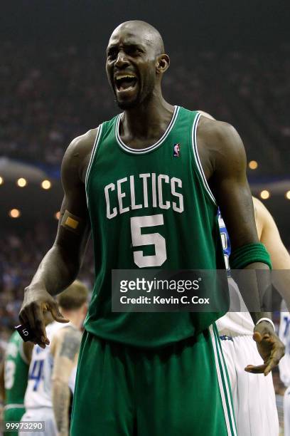 Kevin Garnett of the Boston Celtics reacts against the Orlando Magic in Game Two of the Eastern Conference Finals during the 2010 NBA Playoffs at...