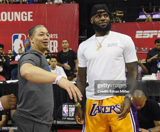 Head coach Tyronn Lue of the Cleveland Cavaliers talks with LeBron James of the Los Angeles Lakers after a quarterfinal game of the 2018 NBA Summer...