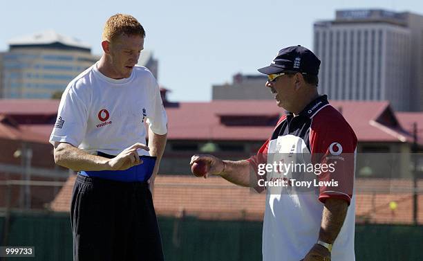 English academy coach Rod Marsh gives advice to fast bowler Steven Kirby before the one-day match between the England Cricket Board National Academy...