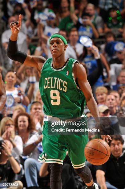 Rajon Rondo of the Boston Celtics dribbles against the Orlando Magic in Game Two of the Eastern Conference Finals during the 2010 NBA Playoffs on May...