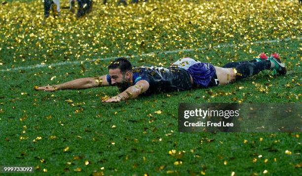 Adil Rami of France celebrates with the trophy after the 2018 FIFA World Cup Russia Final between France and Croatia at Luzhniki Stadium on July 15,...