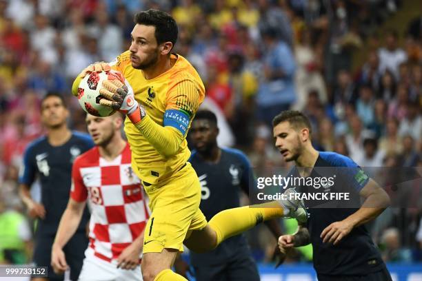 France's goalkeeper Hugo Lloris makes a save during the Russia 2018 World Cup final football match between France and Croatia at the Luzhniki Stadium...
