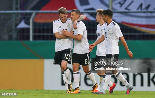 Germany's Maximilian Eggestein celebrates his 1:0 goal with Jannes Horn , Johannes Eggestein and Nadiem Amiri during the 2019 U21 EURO group 5...