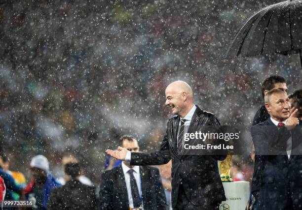 Russian President Vladimir Putin and FIFA President Gianni Infantino attend the award ceremony of the 2018 FIFA World Cup Russia Final between France...