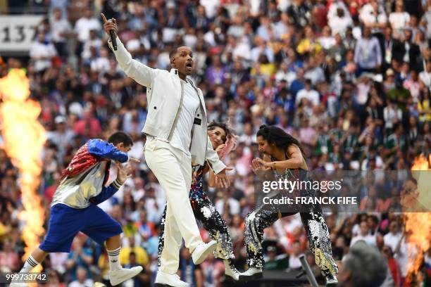 Actor Will Smith performs during the closing ceremony of the Russia 2018 World Cup ahead of the final football match between France and Croatia at...