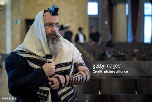 Devoted Jew prays while wearing a Tefilin around his arm at the Westend Synagogue in Frankfurt/Main, Germany, 5 September 2017. Religious jews from...