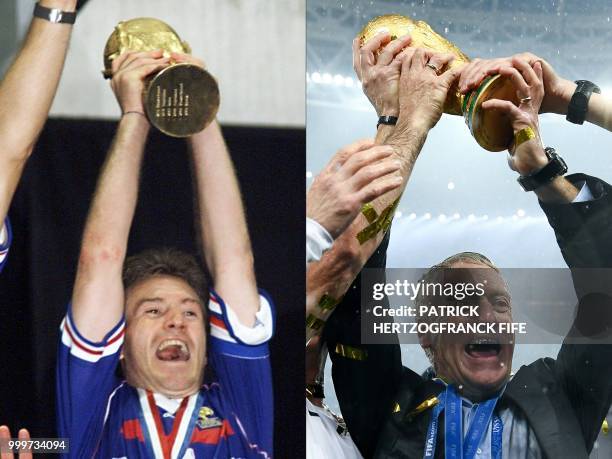 This combination of pictures created on July 15, 2018 shows French player Didier Deschamps waving the World Cup trophy after France won the World Cup...