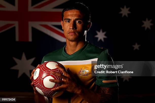 Tim Cahill of Australia poses for a portrait during an Australian Socceroos portrait session at Park Hyatt Hotel on May 19, 2010 in Melbourne,...