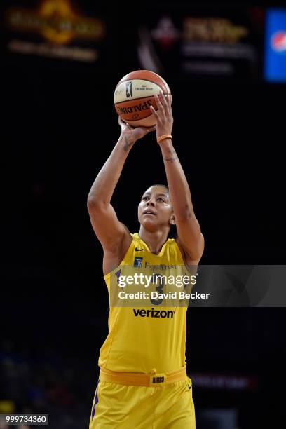 Candace Parker of the Los Angeles Sparks shoots a foul against the Las Vegas Aces on July 15, 2018 at the Mandalay Bay Events Center in Las Vegas,...