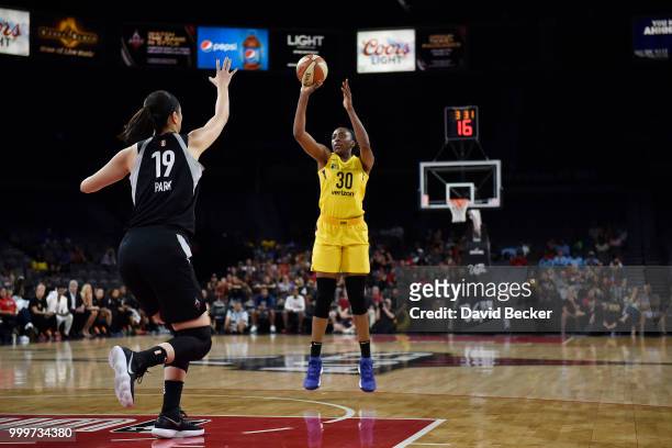 Nneka Ogwumike of the Los Angeles Sparks shoots the ball against the Las Vegas Aces on July 15, 2018 at the Mandalay Bay Events Center in Las Vegas,...