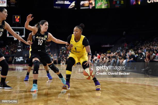 Odyssey Sims of the Los Angeles Sparks handles the ball against the Las Vegas Aces on July 15, 2018 at the Mandalay Bay Events Center in Las Vegas,...