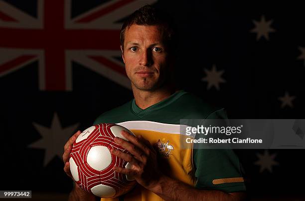 Lucas Neill of Australia poses for a portrait during an Australian Socceroos portrait session at Park Hyatt Hotel on May 19, 2010 in Melbourne,...