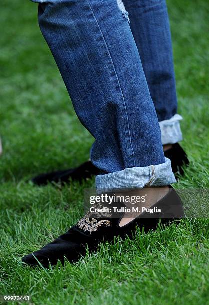 Detail of designer Stefano Gabbana's shoes during the cocktail reception for W Magazine's editor-in-chief at the Bulgari Hotel on May 18, 2010 in...