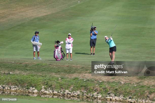 Brittany Lincicome hits her fourth shot on the 18th hole during a playoff with Thidapa Suwannapura at the Marathon Classic Presented By Owens Corning...