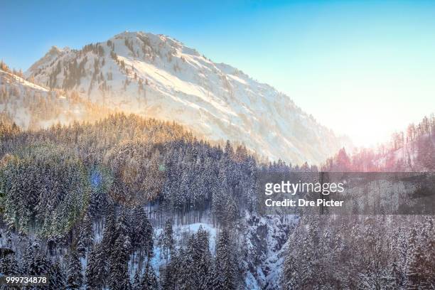 colorful sunset in snowy winter mountains and woodland. hintersteiner tal, allgau, bavaria, germany. - tal stockfoto's en -beelden