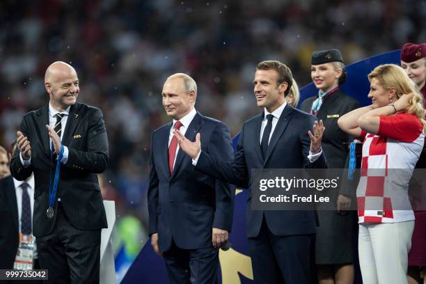 Gianni Infantino,Wladimir Putin,Emmanuel Macron Kolinda Grabar-Kitarovic at the end of of the 2018 FIFA World Cup Russia Final between France and...