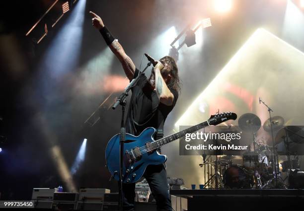 Dave Grohl of Foo Fighters performs on stage during their "Concrete and Gold" tour at Northwell Health at Jones Beach Theater on July 14, 2018 in...