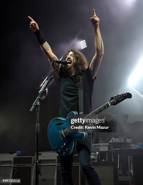 Dave Grohl of Foo Fighters performs on stage during their "Concrete and Gold" tour at Northwell Health at Jones Beach Theater on July 14, 2018 in...