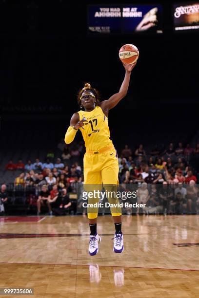 Essence Carson of the Los Angeles Sparks handles the ball against the Las Vegas Aces on July 15, 2018 at the Mandalay Bay Events Center in Las Vegas,...