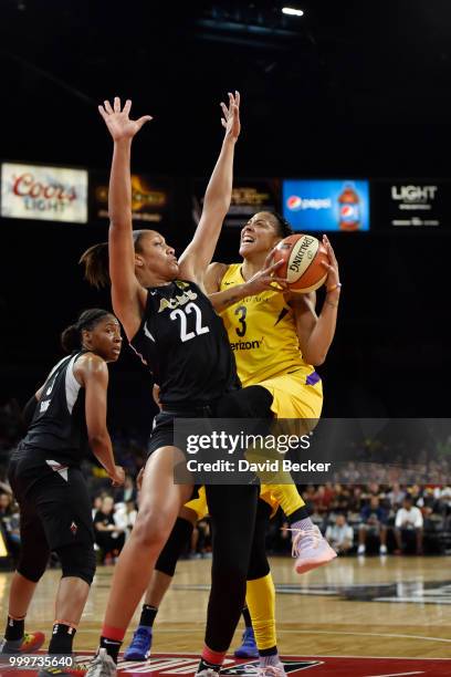 Candace Parker of the Los Angeles Sparks handles the ball against the Las Vegas Aces on July 15, 2018 at the Mandalay Bay Events Center in Las Vegas,...