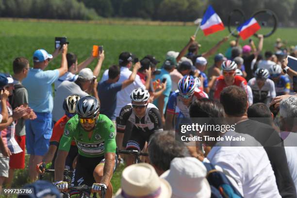 Peter Sagan of Slovakia and Team Bora Hansgrohe Green Sprint Jersey / Peloton / Auberchicourt Cobblestones / Public / Fans / Landscape / during the...