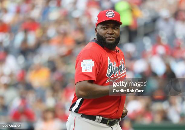 Manager David Ortiz of the World Team looks on against the U.S. Team during the SiriusXM All-Star Futures Game at Nationals Park on July 15, 2018 in...