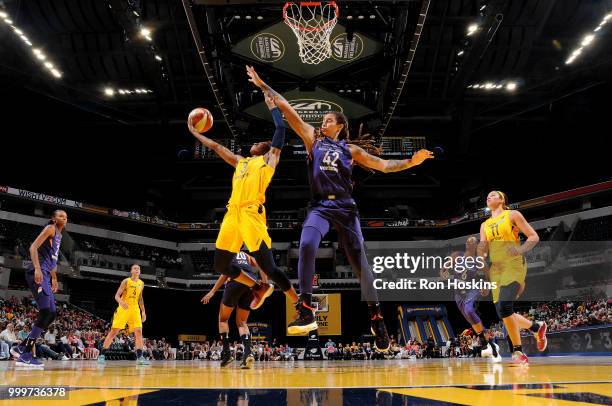 Tiffany Mitchell of the Indiana Fever shoots the ball during the game against the Phoenix Mercury on July 15, 2018 at Bankers Life Fieldhouse in...