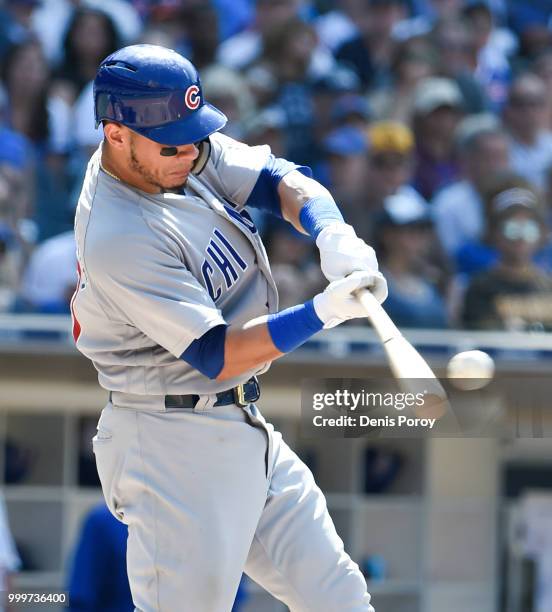 Willson Contreras of the Chicago Cubs hits a single during the seventh inning of a baseball game against the San Diego Padres at PETCO Park on July...