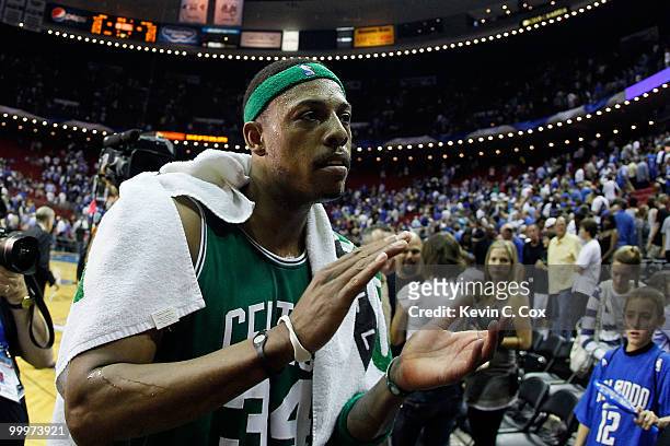 Paul Pierce of the Boston Celtics celebrates after the Celtics won 95-92 against the Orlando Magic in Game Two of the Eastern Conference Finals...