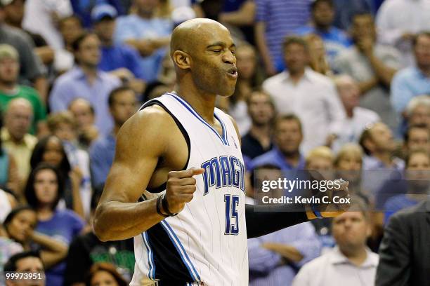 Vince Carter of the Orlando Magic reacts against the Boston Celtics in Game Two of the Eastern Conference Finals during the 2010 NBA Playoffs at...