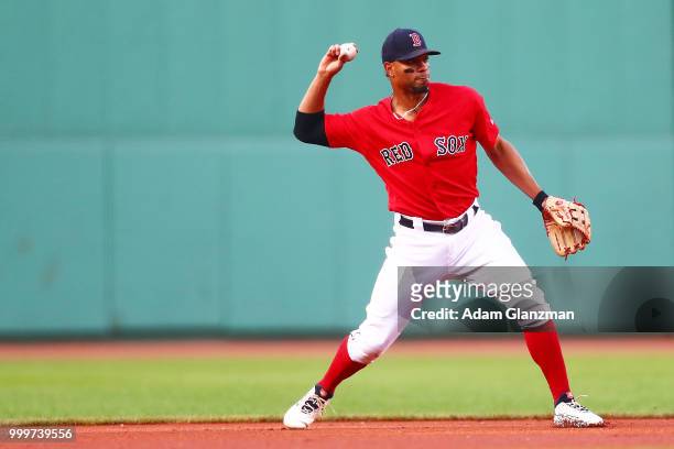 Xander Bogaerts of the Boston Red Sox fields a ground ball in the first inning of a game against the Toronto Blue Jays at Fenway Park on July 13,...