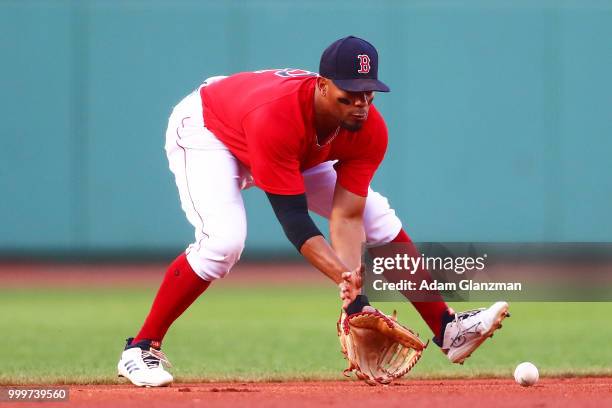 Xander Bogaerts of the Boston Red Sox fields a ground ball in the first inning of a game against the Toronto Blue Jays at Fenway Park on July 13,...