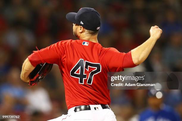 Tyler Thornburg of the Boston Red Sox pitches in the fifth inning of a game against the Toronto Blue Jays at Fenway Park on July 13, 2018 in Boston,...