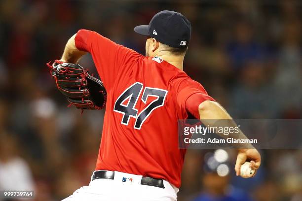 Tyler Thornburg of the Boston Red Sox pitches in the fifth inning of a game against the Toronto Blue Jays at Fenway Park on July 13, 2018 in Boston,...