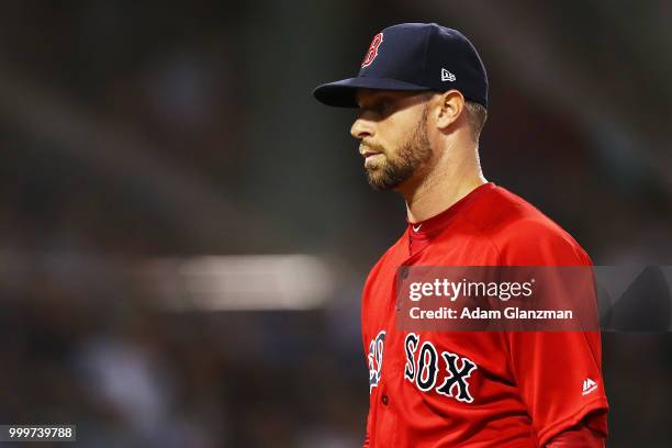 Tyler Thornburg of the Boston Red Sox looks on in the fifth inning of a game against the Toronto Blue Jays at Fenway Park on July 13, 2018 in Boston,...