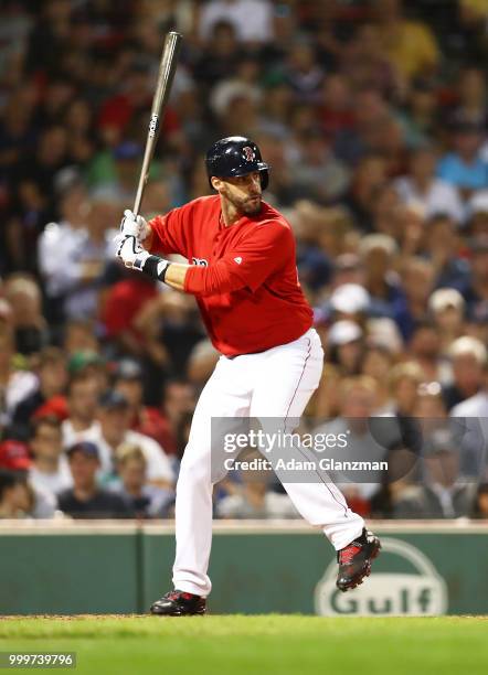 Martinez of the Boston Red Sox bats in the fifth inning of a game against the Toronto Blue Jays at Fenway Park on July 13, 2018 in Boston,...