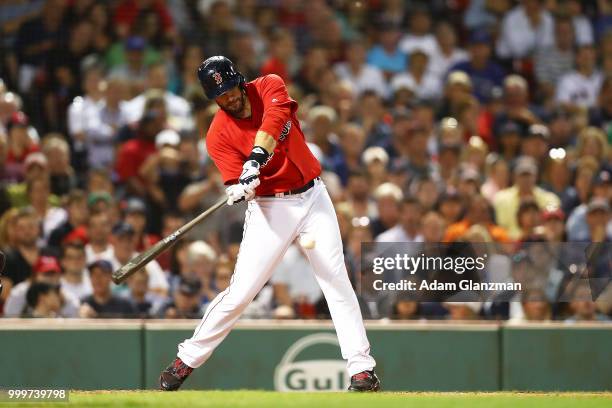 Martinez of the Boston Red Sox bats in the fifth inning of a game against the Toronto Blue Jays at Fenway Park on July 13, 2018 in Boston,...